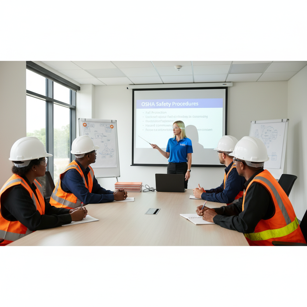 A safety instructor teaching a class of workers about OSHA safety procedures